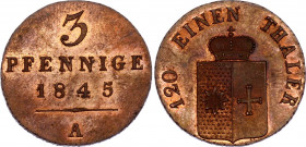 German States Waldeck 3 Pfennige 1845 A
KM# 154, J. 37; Georg Heinrich 1813-1845. Copper, UNC, full red mint luster!