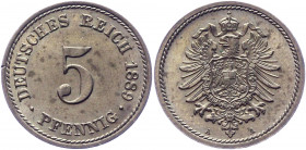 Germany - Empire 5 Pfennig 1889 A
KM# 3; Copper-Nickel 2.45 g.; Wilhelm I; Mint: Berlin; UNC