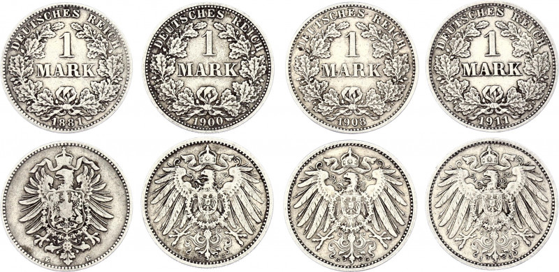 Germany - Empire 4 x 1 Mark 1881 - 1911 E, F, G, J
Silver; Various Dates & Mint...