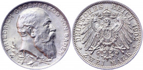 Germany - Empire Baden 2 Mark 1902
KM# 271; AKS# 157; J. 30; Silver 11.10 g.; Friedrich I; 50th Year of Reign; UNC