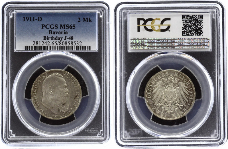 Germany - Empire Bavaria 2 Mark 1911 D PCGS MS65
KM# 997; Silver; 90th Birthday...