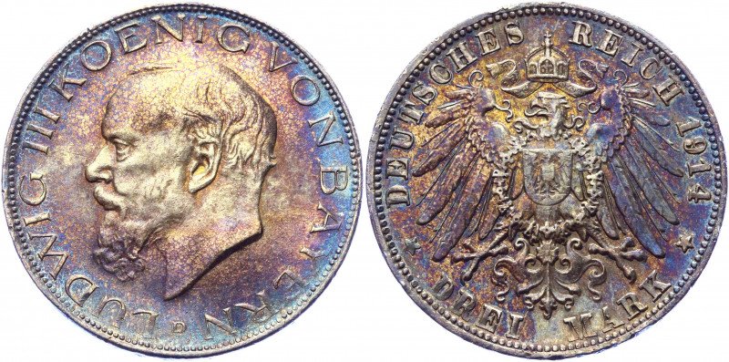 Germany - Empire Bavaria 3 Mark 1914 D
KM# 1005; J. 52; Silver 16.57 g.; Ludwig...