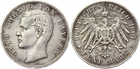 Germany - Empire Bavaria 5 Mark 1907 D
KM# 915; Silver 27.70 g.; Otto I von Bayern (1886-1913); München mint; Lettered edge; XF