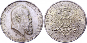 Germany - Empire Bavaria 5 Mark 1911 D Commemorative Issue
KM# 999; AKS# 205; J. 50; Silver 27.75 g.; Otto; 90th Birthday of Prince Regent Luitpold; ...