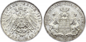 Germany - Empire Hamburg 3 Mark 1913 J
KM# 620; Silver; AUNC