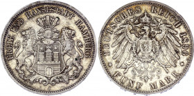 Germany - Empire Hamburg 5 Mark 1896 J
KM# 610; J. 65; Silver 27.35 g.; Mint: Hamburg; XF