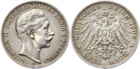 Germany - Empire Prussia 3 Mark 1908 A
KM# 527; Silver 16.68 g.; Wilhelm II (1888-1918); Berlin mint; Lettered edge; XF+