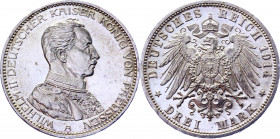 Germany - Empire Prussia 3 Mark 1914 A
KM# 538; J. 113; Silver 16.67 g.; Wilhelm II; Mint: Berlin; Proof