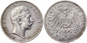 Germany - Empire Prussia 5 Mark 1908 A
KM# 523; Silver 27.74 g.; Wilhelm II (1888-1918); Berlin mint; Lettered edge; XF