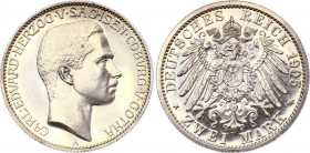Germany - Empire Saxe-Coburg-Gotha 2 Mark 1905 A PROOF
KM# 166; J# 140; Karl Eduard. Silver; Proof. Sachsen Coburg Gotha 2 Mark 1905 A PP.