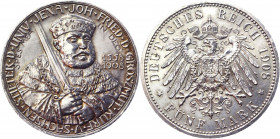 Germany - Empire Saxe-Weimar-Eisenach 5 Mark 1908 A
KM# 220; J. 161; Silver 27.78 g.; 350th Anniversary of Jena University; Wilhelm Ernst; UNC