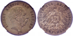 Germany - Empire Saxony-Albertine 5 Mark 1894 Е NGC XF45 Key Date
KM# 1246; Silver; Albert; Mintage 75000 Pcs