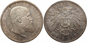 Germany - Empire Württemberg 5 Mark 1913 F
KM# 632; AKS# 143; J. 176; Silver 27.90 g.; Wilhelm II; Mint: Freudenstadt; XF+