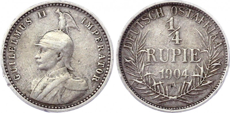 German East Africa 1/4 Rupie 1904 A
KM# 8; Silver; Wilhelm II; Mint: Berlin; VF...