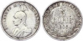 German East Africa 1/4 Rupie 1906 A
KM# 8; Silver; Wilhelm II; Mint: Berlin; VF-XF