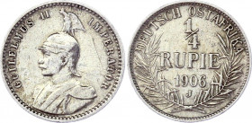 German East Africa 1/4 Rupie 1906 J
KM# 8; Silver; Wilhelm II; Mint: Hamburg; VF+