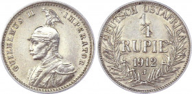German East Africa 1/4 Rupie 1912 J
KM# 8; Silver; Wilhelm II; Mint: Hamburg; XF-AUNC