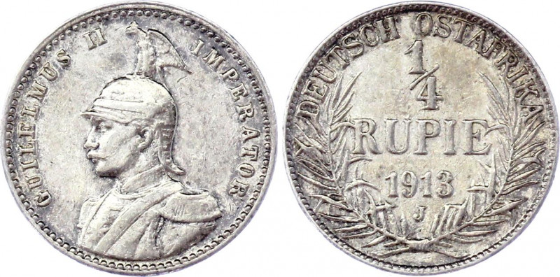 German East Africa 1/4 Rupie 1913 J
KM# 8; Silver; Wilhelm II; Mint: Hamburg; X...