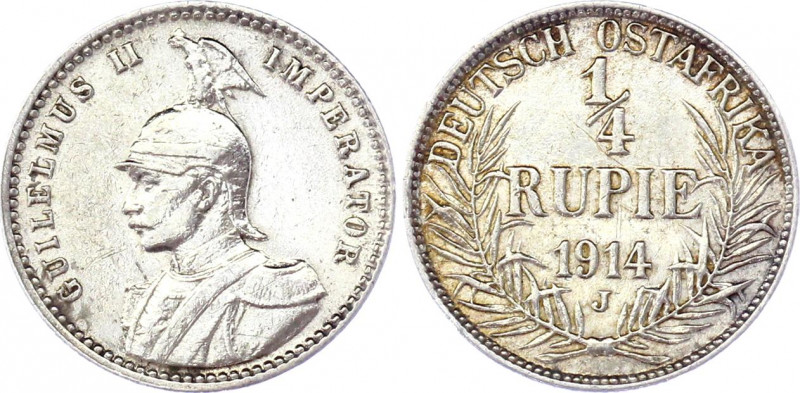 German East Africa 1/4 Rupie 1914 J
KM# 8; Silver; Wilhelm II; Mint: Hamburg; X...