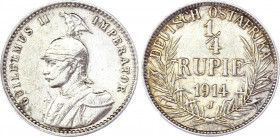 German East Africa 1/4 Rupie 1914 J
KM# 8; Silver; Wilhelm II; Mint: Hamburg; XF