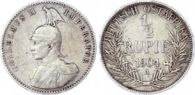 German East Africa 1/2 Rupie 1904 A
KM# 9; Silver; Wilhelm II; Mint: Berlin; VF-XF