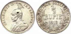 German East Africa 1/2 Rupie 1912 J
KM# 9; Silver; Wilhelm II; Mint: Hamburg; XF-AUNC