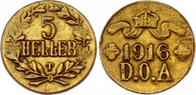 German East Africa 5 Heller 1916 T
KM# 14; Brass; Wilhelm II; Tabora emergency issue; VF
