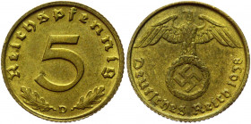 Germany - Third Reich 5 Reichspfennig 1938 D
KM# 91; Aluminum-Bronze 2.54 g.; AUNC