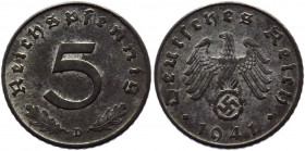 Germany - Third Reich 5 Reichspfennig 1941 D
KM# 100; Zinc 2.50 g.; AUNC