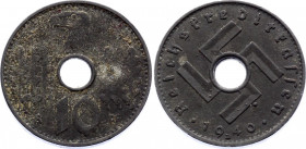 Germany - Third Reich 10 Reichspfennig 1940 B
KM# 99, J. 619; Wien; Prägung der Reichskreditkasse. Zinc 3,36g.; XF. RR.