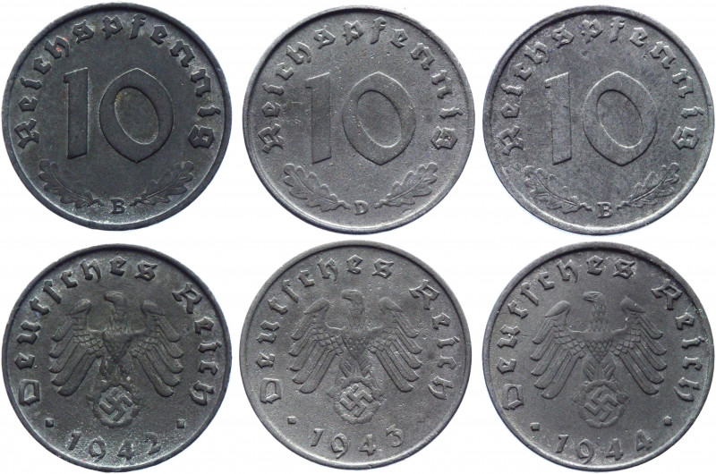 Germany - Third Reich 3 x 10 Reichspfennig 1942 - 1944 B, D
KM# 101; Zinc; XF