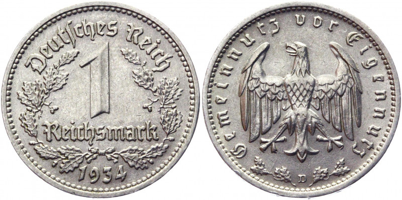 Germany - Third Reich 1 Reichsmark 1934 D
KM# 78; Nickel 4.80 g.; AUNC