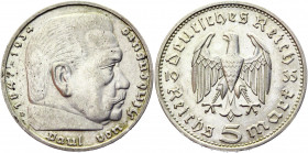 Germany - Third Reich 5 Reichsmark 1935 D
KM# 86; Silver 13.85 g.; Hindenburg Issue; AUNC