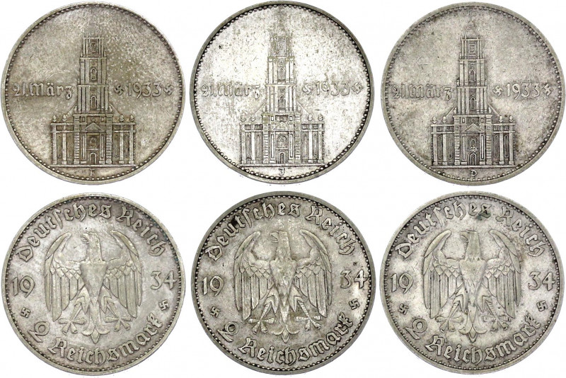 Germany - Third Reich 3 x 2 Reichsmark 1934 D, F, J
KM# 81; Silver; 1st Anniver...