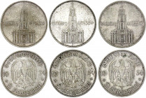 Germany - Third Reich 3 x 2 Reichsmark 1934 D, F, J
KM# 81; Silver; 1st Anniversary of Nazi Rule - Potsdam Garrison Church
