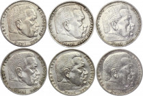 Germany - Third Reich 6 x 5 Reichsmark 1938 A, D, E, F, G, J
KM# 94; Silver; Paul von Hindenburg
