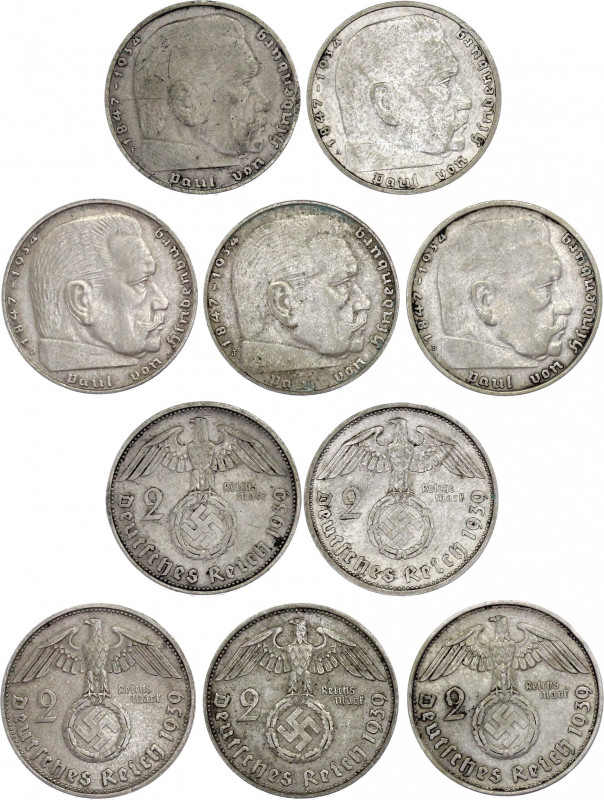 Germany - Third Reich 5 x 2 Reichsmark 1939 A, B, D, F, J
KM# 93; Silver; Paul ...