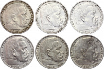 Germany - Third Reich 6 x 5 Reichsmark 1939 A, B, D, F, G, J
KM# 94; Silver; Paul von Hindenburg