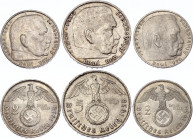 Germany - Third Reich Lot of 3 Coins 1938
2 x 2 & 5 Mark 1938; KM# 93-94; Silver; Swastika-Hindenburg Issue
