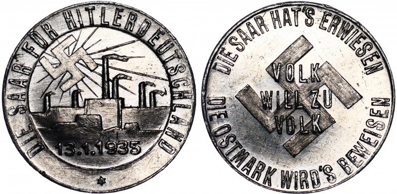 Germany - Third Reich Token Saarland 1935
Aluminum 1,10g 22mm; Mint Luster; UNC...