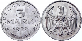 Germany - Weimar Republic 3 Mark 1922 A
KM# 28; Aluminum 1.97 g.; UNC
