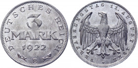 Germany - Weimar Republic 3 Mark 1922 E
KM# 29; Aluminum 1.97 g.; AUNC