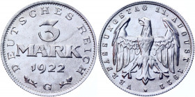 Germany - Weimar Republic 3 Mark 1922 G
KM# 29; Aluminum 2.00 g.; UNC