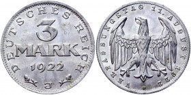Germany - Weimar Republic 3 Mark 1922 J
KM# 29; Aluminum 2.00 g.; UNC