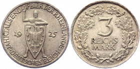 Germany - Weimar Republic 3 Reichsmark 1925 E
KM# 46; Silver 14,98g.; 1000th Year of the Rhineland; XF-AUNC