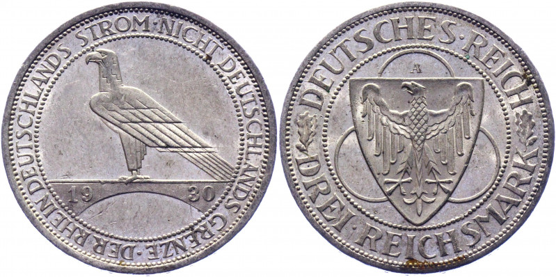 Germany - Weimar Republic 3 Reichsmark 1930 A
KM# 70; Silver 14,98g.; Liberatio...