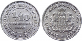 Germany - Weimar Republic Hamburg 1/10 Verrechnungs Mark 1923
Aluminum 1.65 g; Notgeld; AUNC