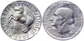 Germany - Weimar Republic Westphalia 50 Pfennig 1921
J. 9; Aluminum 1.49 g; Westfalen; Notgeld; UNC