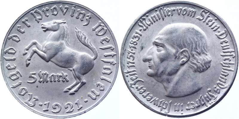 Germany - Weimar Republic Westphalia 5 Mark 1921
J. 11; Aluminum 3.37 g.; Westf...