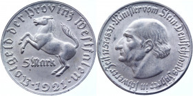 Germany - Weimar Republic Westphalia 5 Mark 1921
J. 11; Aluminum 3.37 g.; Westfalen; Notgeld; AUNC